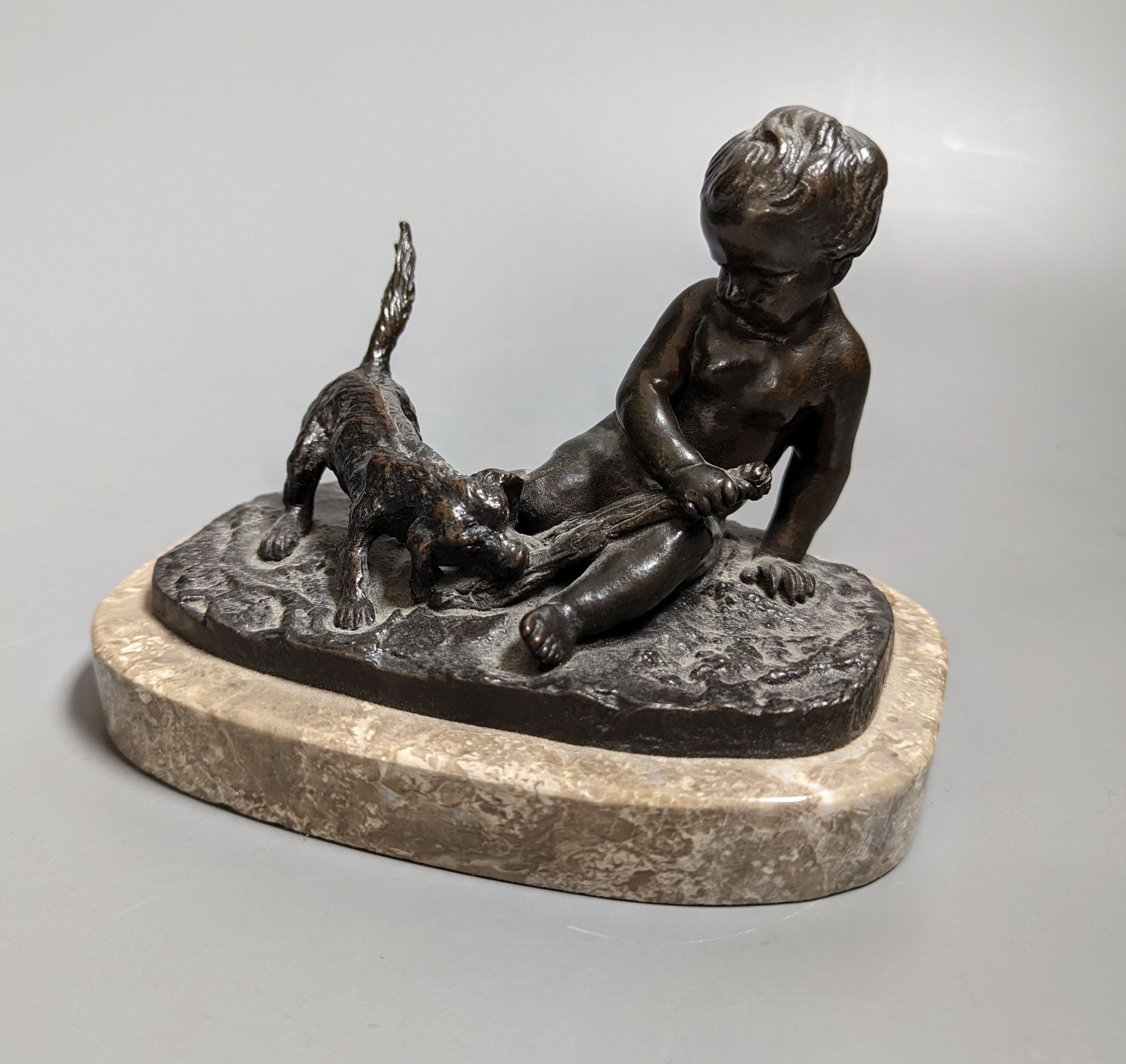 De Braux - bronze group on marble plinth, young boy with playful dog, 15 cms at base wide